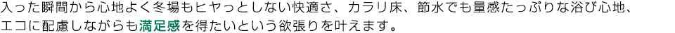 入った瞬間から心地よく冬場もヒヤっとしない快適さ、カラリ床、節水でも量感たっぷりな浴び心地、エコに配慮しながらも満足感を得たいという欲張りを叶えます。